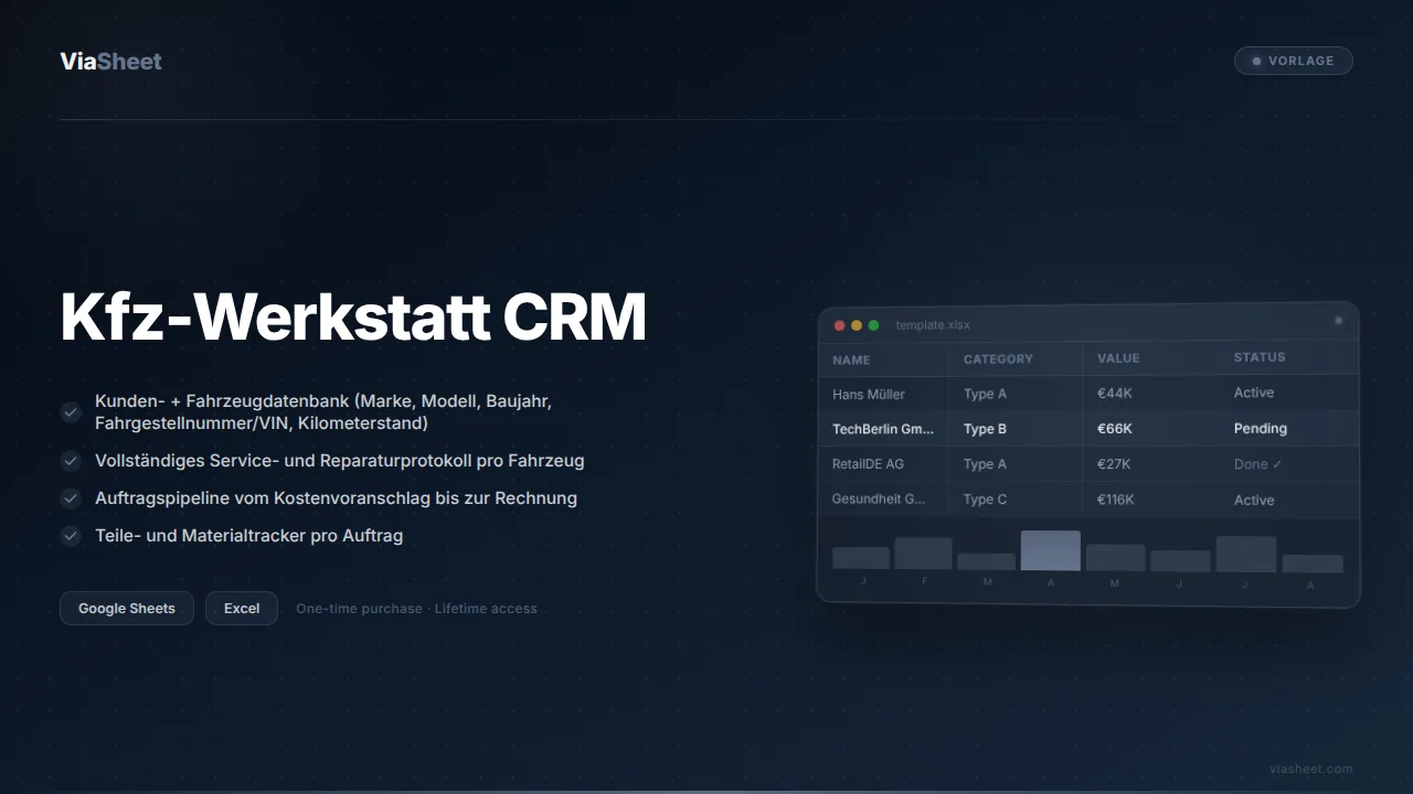Kfz-Werkstatt CRM-Tabelle mit Servicehistorie von Fahrzeugen und Auftragsübersicht