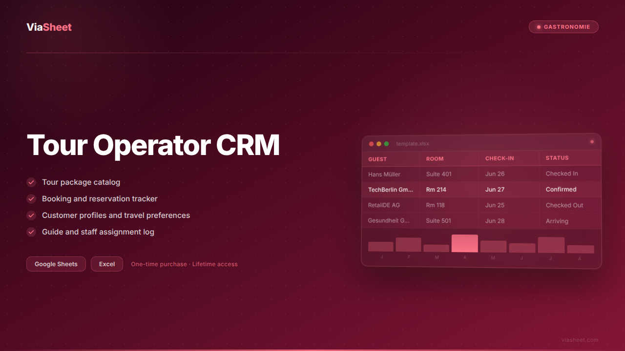 Tour Operator CRM spreadsheet showing booking tracker and tour package management