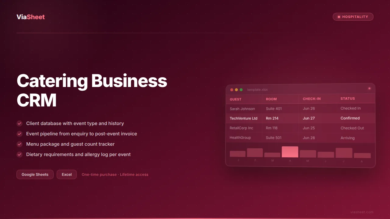 Catering Business CRM spreadsheet showing event pipeline and client tracker