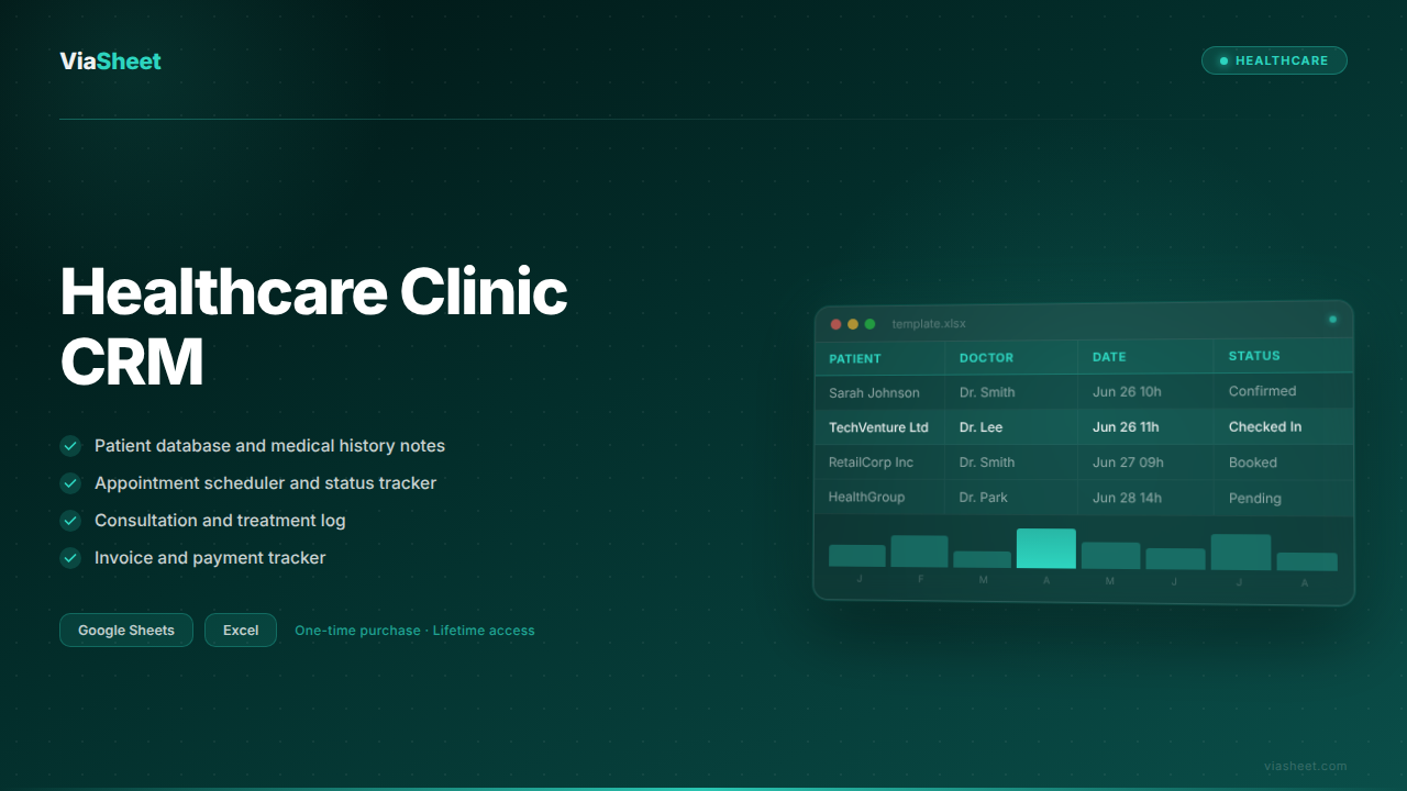 Healthcare Clinic CRM spreadsheet showing patient database and appointment scheduler
