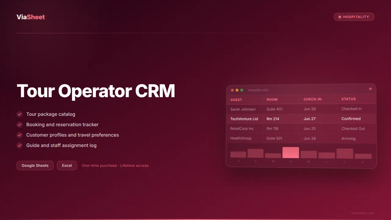 Tour Operator CRM spreadsheet showing booking tracker and tour package management