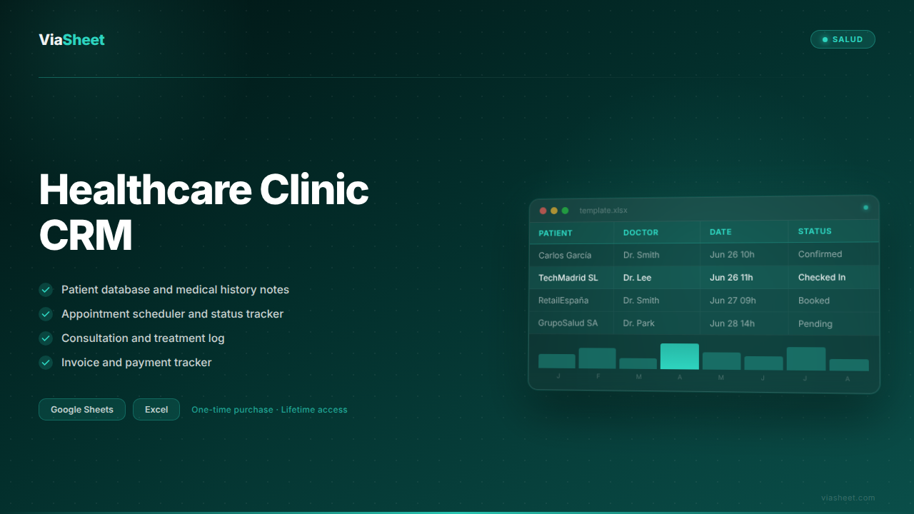 Healthcare Clinic CRM spreadsheet showing patient database and appointment scheduler