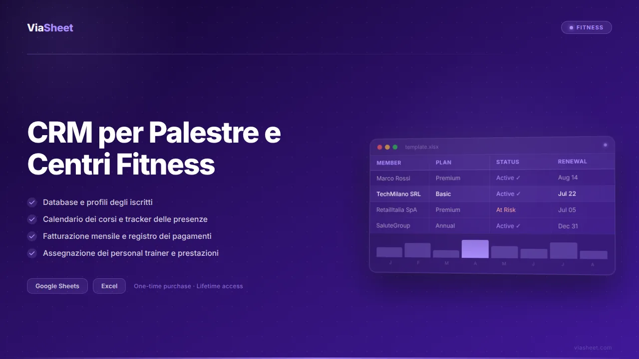 Foglio di calcolo CRM per palestre e fitness che mostra il database degli iscritti e la dashboard dei ricavi