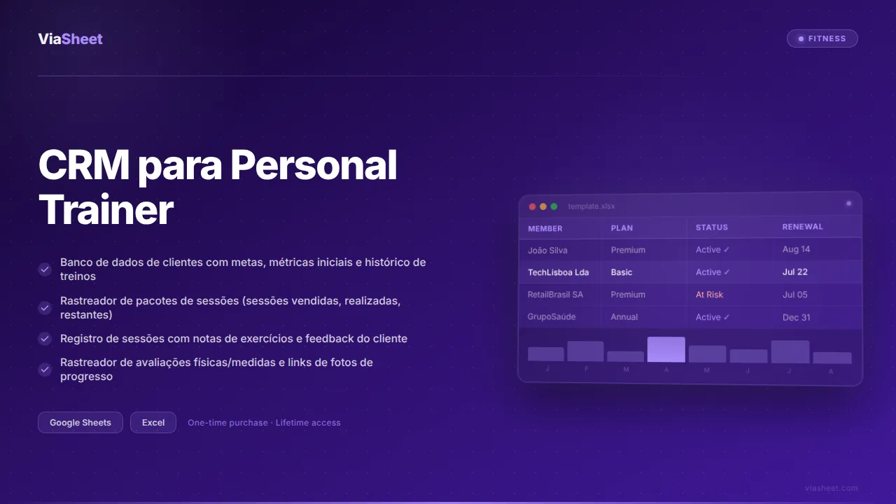 Planilha de CRM para Personal Trainer mostrando o rastreador de progresso do cliente e o registro de sessões